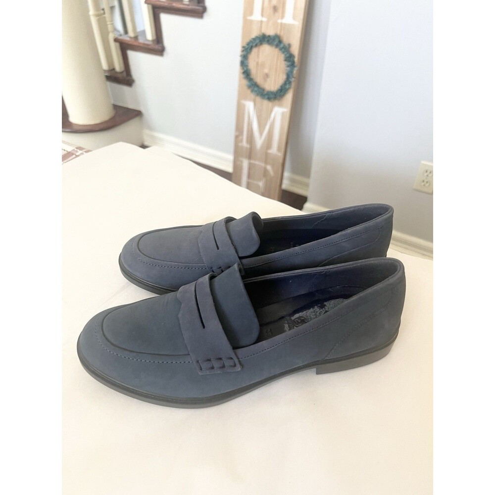 ECCO Women Blue Nubuck Leather Penny Loafers Size EU 39 8 8.5 Slip-On Comfort